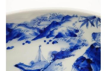 江戸期　古伊万里　染付　竹林七賢人図　細かな絵付けが見事な盃洗(杯洗、花鳥図、フルーツボウル、コンポート、高台皿、台鉢、和食器)(R-082757)
