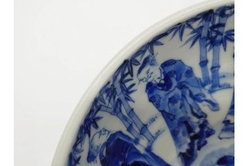 江戸期　古伊万里　染付　竹林七賢人図　細かな絵付けが見事な盃洗(杯洗、花鳥図、フルーツボウル、コンポート、高台皿、台鉢、和食器)(R-082757)