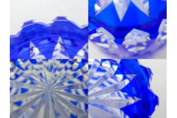 須田秀石　瑠璃被籠目紋　切立盃/伝統工芸　太武朗　江戸切子　色被せ　グラス　繊細な輝きに見惚れる切子2点セット(青、桜、硝子、杯、酒器、共箱付)(R-082758)