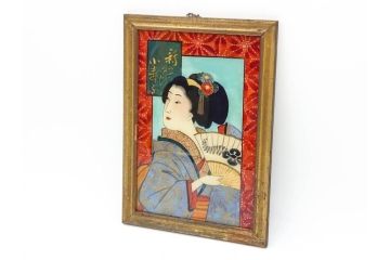 江戸〜明治期　あでやかな風情あるガラス絵(硝子絵、美人画、浮世絵、和服、着物、額装、絵画)(R-082760)