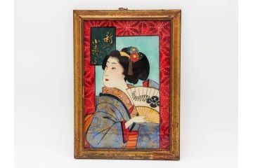江戸〜明治期　あでやかな風情あるガラス絵(硝子絵、美人画、浮世絵、和服、着物、額装、絵画)(R-082760)