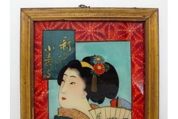 江戸〜明治期　あでやかな風情あるガラス絵(硝子絵、美人画、浮世絵、和服、着物、額装、絵画)(R-082760)