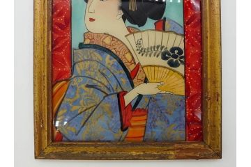 江戸〜明治期　あでやかな風情あるガラス絵(硝子絵、美人画、浮世絵、和服、着物、額装、絵画)(R-082760)