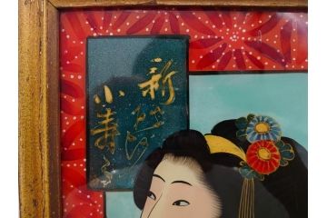 江戸〜明治期　あでやかな風情あるガラス絵(硝子絵、美人画、浮世絵、和服、着物、額装、絵画)(R-082760)
