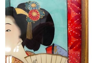 江戸〜明治期　あでやかな風情あるガラス絵(硝子絵、美人画、浮世絵、和服、着物、額装、絵画)(R-082760)