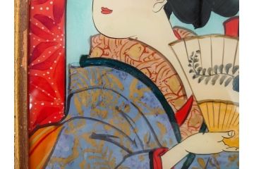 江戸〜明治期　あでやかな風情あるガラス絵(硝子絵、美人画、浮世絵、和服、着物、額装、絵画)(R-082760)