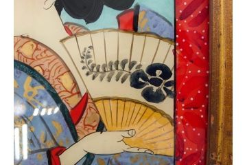 江戸〜明治期　あでやかな風情あるガラス絵(硝子絵、美人画、浮世絵、和服、着物、額装、絵画)(R-082760)