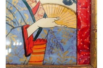 江戸〜明治期　あでやかな風情あるガラス絵(硝子絵、美人画、浮世絵、和服、着物、額装、絵画)(R-082760)