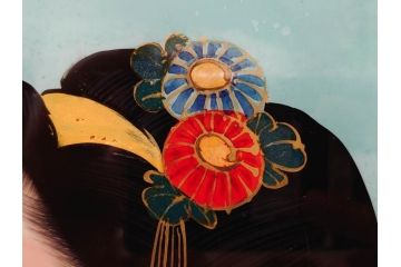 江戸〜明治期　あでやかな風情あるガラス絵(硝子絵、美人画、浮世絵、和服、着物、額装、絵画)(R-082760)