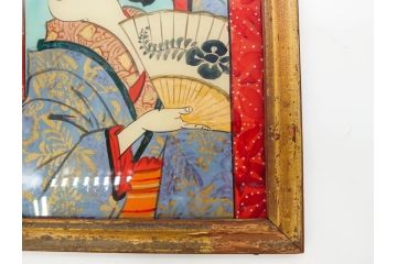 江戸〜明治期　あでやかな風情あるガラス絵(硝子絵、美人画、浮世絵、和服、着物、額装、絵画)(R-082760)