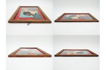 江戸〜明治期　あでやかな風情あるガラス絵(硝子絵、美人画、浮世絵、和服、着物、額装、絵画)(R-082760)