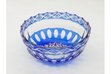 時代物　切子　色被せ　青　爽やかな雰囲気のガラスボウル(硝子、深皿、鉢)(R-082761)