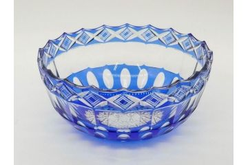 時代物　切子　色被せ　青　爽やかな雰囲気のガラスボウル(硝子、深皿、鉢)(R-082761)