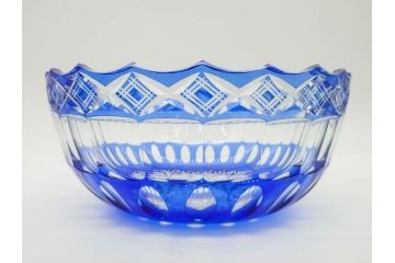 時代物　切子　色被せ　青　爽やかな雰囲気のガラスボウル(硝子、深皿、鉢)(R-082761)