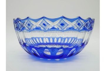 時代物　切子　色被せ　青　爽やかな雰囲気のガラスボウル(硝子、深皿、鉢)(R-082761)