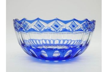時代物　切子　色被せ　青　爽やかな雰囲気のガラスボウル(硝子、深皿、鉢)(R-082761)