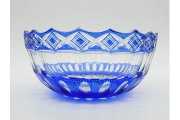 時代物　切子　色被せ　青　爽やかな雰囲気のガラスボウル(硝子、深皿、鉢)(R-082761)