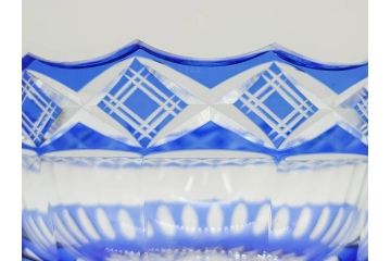 時代物　切子　色被せ　青　爽やかな雰囲気のガラスボウル(硝子、深皿、鉢)(R-082761)
