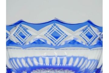 時代物　切子　色被せ　青　爽やかな雰囲気のガラスボウル(硝子、深皿、鉢)(R-082761)