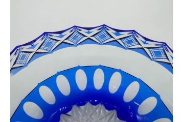 時代物　切子　色被せ　青　爽やかな雰囲気のガラスボウル(硝子、深皿、鉢)(R-082761)
