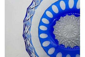 時代物　切子　色被せ　青　爽やかな雰囲気のガラスボウル(硝子、深皿、鉢)(R-082761)