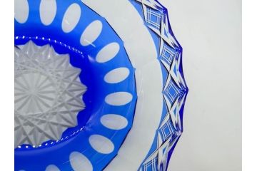 時代物　切子　色被せ　青　爽やかな雰囲気のガラスボウル(硝子、深皿、鉢)(R-082761)