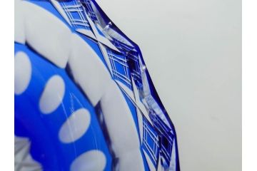 時代物　切子　色被せ　青　爽やかな雰囲気のガラスボウル(硝子、深皿、鉢)(R-082761)
