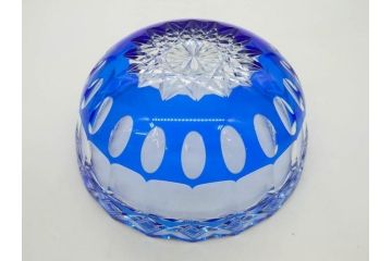 時代物　切子　色被せ　青　爽やかな雰囲気のガラスボウル(硝子、深皿、鉢)(R-082761)