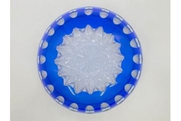 時代物　切子　色被せ　青　爽やかな雰囲気のガラスボウル(硝子、深皿、鉢)(R-082761)