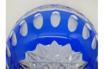 時代物　切子　色被せ　青　爽やかな雰囲気のガラスボウル(硝子、深皿、鉢)(R-082761)