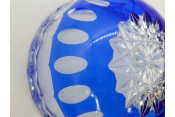 時代物　切子　色被せ　青　爽やかな雰囲気のガラスボウル(硝子、深皿、鉢)(R-082761)