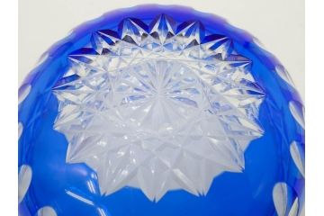 時代物　切子　色被せ　青　爽やかな雰囲気のガラスボウル(硝子、深皿、鉢)(R-082761)