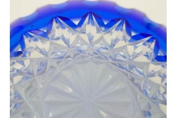時代物　切子　色被せ　青　爽やかな雰囲気のガラスボウル(硝子、深皿、鉢)(R-082761)