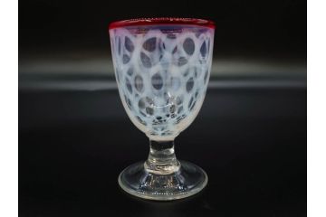 当時物　大正〜昭和初期　棗型(なつめ形)　乳白水玉　可愛らしい印象の赤縁氷コップ2客セット(吹きガラス、硝子、グラス、和ガラス)(R-082764)