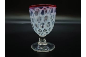 当時物　大正〜昭和初期　棗型(なつめ形)　乳白水玉　可愛らしい印象の赤縁氷コップ2客セット(吹きガラス、硝子、グラス、和ガラス)(R-082764)
