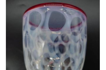 当時物　大正〜昭和初期　棗型(なつめ形)　乳白水玉　可愛らしい印象の赤縁氷コップ2客セット(吹きガラス、硝子、グラス、和ガラス)(R-082764)