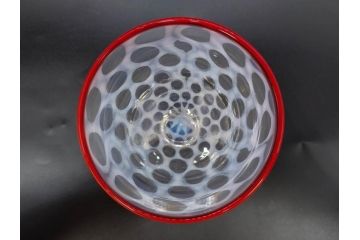 当時物　大正〜昭和初期　棗型(なつめ形)　乳白水玉　可愛らしい印象の赤縁氷コップ2客セット(吹きガラス、硝子、グラス、和ガラス)(R-082764)