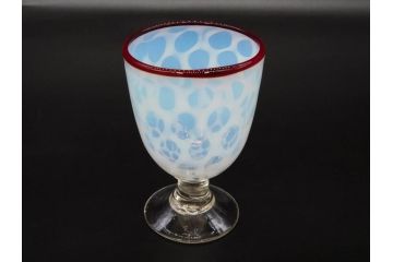 当時物　大正〜昭和初期　棗型(なつめ形)　乳白水玉　可愛らしい印象の赤縁氷コップ2客セット(吹きガラス、硝子、グラス、和ガラス)(R-082764)