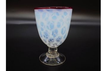 当時物　大正〜昭和初期　棗型(なつめ形)　乳白水玉　可愛らしい印象の赤縁氷コップ2客セット(吹きガラス、硝子、グラス、和ガラス)(R-082764)