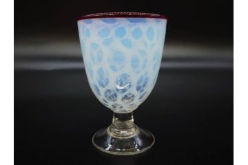 当時物　大正〜昭和初期　棗型(なつめ形)　乳白水玉　可愛らしい印象の赤縁氷コップ2客セット(吹きガラス、硝子、グラス、和ガラス)(R-082764)