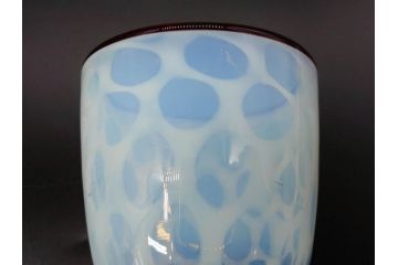 当時物　大正〜昭和初期　棗型(なつめ形)　乳白水玉　可愛らしい印象の赤縁氷コップ2客セット(吹きガラス、硝子、グラス、和ガラス)(R-082764)