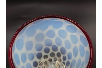 当時物　大正〜昭和初期　棗型(なつめ形)　乳白水玉　可愛らしい印象の赤縁氷コップ2客セット(吹きガラス、硝子、グラス、和ガラス)(R-082764)