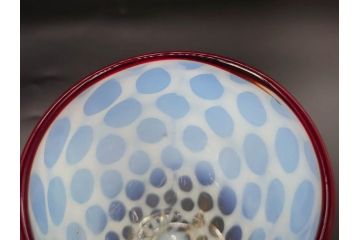 当時物　大正〜昭和初期　棗型(なつめ形)　乳白水玉　可愛らしい印象の赤縁氷コップ2客セット(吹きガラス、硝子、グラス、和ガラス)(R-082764)
