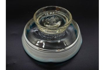 当時物　大正〜昭和初期　椀型　白色糸巻　輪花　優しい風合いを持つ青縁氷コップ2点セット(椀形、小鉢、吹きガラス、アイスクリームカップ、デザート、水色)(R-082765)