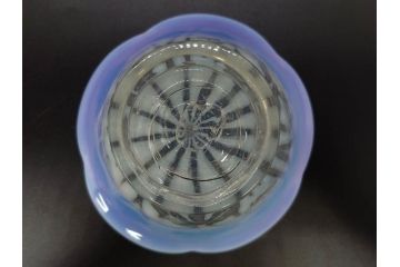 当時物　大正〜昭和初期　菖蒲に蝶文　赤縁　乳白色　輪花　アイスクリームコップ　優雅な佇まいの氷コップ(あやめ、花、小鉢、吹きガラス、硝子、深皿)(R-082785)