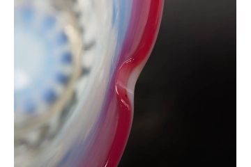 当時物　大正〜昭和初期　菖蒲に蝶文　赤縁　乳白色　輪花　アイスクリームコップ　ノスタルジックな雰囲気の氷コップ(あやめ、花、小鉢、吹きガラス、硝子、深皿)(R-082786)