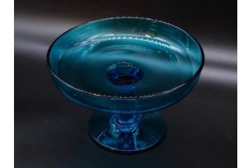 当時物　大正〜昭和初期　吹きガラス　海のような澄んだ青色に惹かれるコンポート(フルーツボウル、果物入れ、デザートディッシュ、タッツア、硝子、和ガラス)(R-082790)