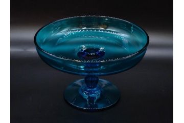 当時物　大正〜昭和初期　吹きガラス　海のような澄んだ青色に惹かれるコンポート(フルーツボウル、果物入れ、デザートディッシュ、タッツア、硝子、和ガラス)(R-082790)