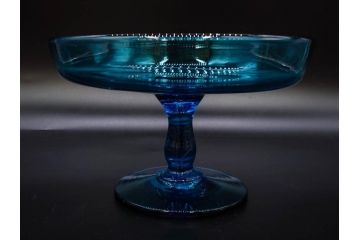 当時物　大正〜昭和初期　吹きガラス　海のような澄んだ青色に惹かれるコンポート(フルーツボウル、果物入れ、デザートディッシュ、タッツア、硝子、和ガラス)(R-082790)