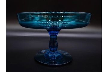 当時物　大正〜昭和初期　吹きガラス　海のような澄んだ青色に惹かれるコンポート(フルーツボウル、果物入れ、デザートディッシュ、タッツア、硝子、和ガラス)(R-082790)